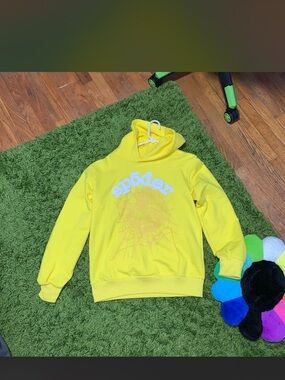 Kids' Bright Yellow Hoodie with Spider Web Graphic
